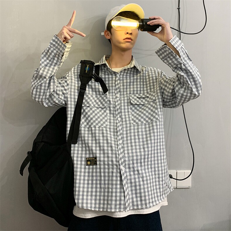 19港风秋冬款男装衬衫灰白条纹格子衬衣宽松风衣外套CS500,男装衬衫,星座1013-1