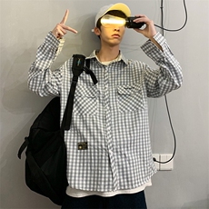 19港风秋冬款男装衬衫灰白条纹格子衬衣宽松风衣外套CS500，男装衬衫，星座1013-1
