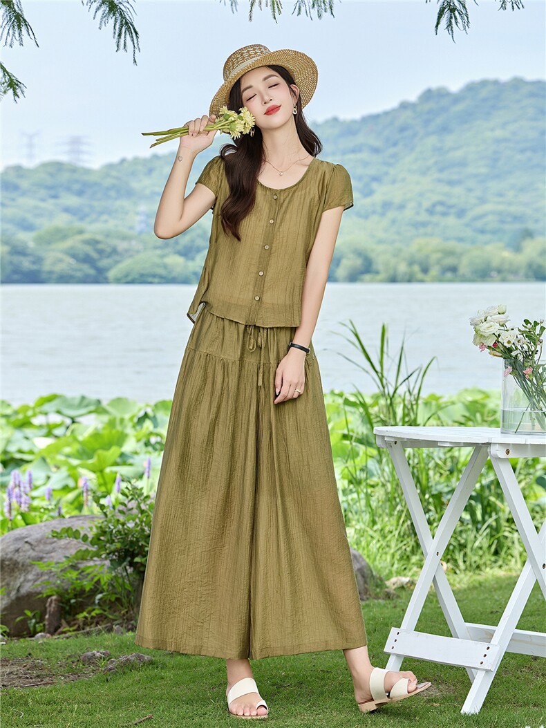 现货！2026年夏季清凉透气天丝时尚减龄古风两件套装套裤,女装套装/套裙,衣之秀