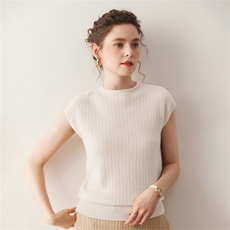 休闲舒适~山羊绒衫女圆领无袖打底衫纯色卷边宽松显瘦亲肤针织衫，女装T恤，溪贝羊绒