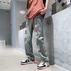 破洞牛仔裤男潮牌宽松长裤嘻哈束脚工装休闲九分裤N0906-P48，男装牛仔裤，星座308B-1