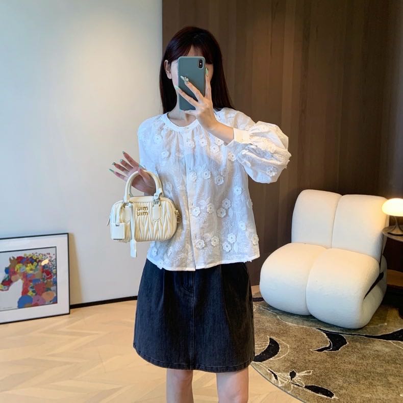 春季重工水溶刺绣棉感立体3D花朵提花百搭开衫上衣,女装衬衫,湘姗