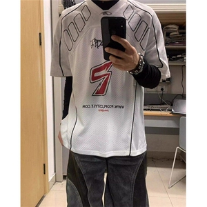 复古球衣风t恤男夏季网眼速干透气机车风半袖机车服短袖 T191图片