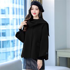 2023年冬季中长款九分袖通勤简约斗篷型单排扣纯色呢子外套，女装毛呢外套，韩美纤衣