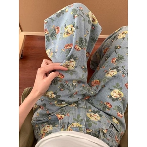 花卉满印碎花牛仔裤女夏季设计感高腰梧桐裤直筒阔腿裤子 NA1996图片