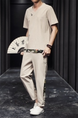 2026夏季风棉麻亚麻短袖T恤唐装大码男士盘扣套装H518-P50，男装休闲套装，星座1105-3