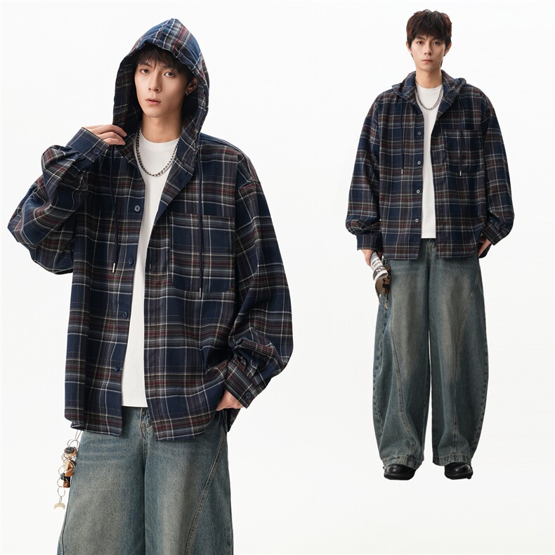 无影墙秋冬复古格子连帽长袖衬衫HWH61-P68控108，男装衬衫，星座514A（原614）