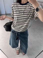 2025新款女士夏季简约百搭时尚舒适圆领条纹短袖，女装T恤，斯尔特羊绒