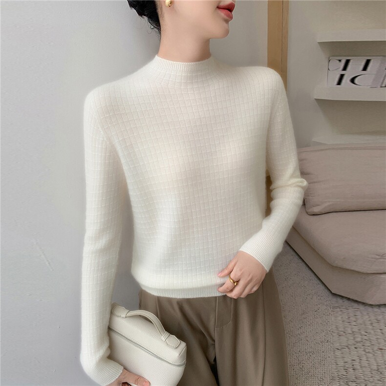 简约百搭修身羊绒衫2025秋冬女半高领纯色毛衣羊毛针织打底衫白色,女装羊绒衫,牧群羊绒