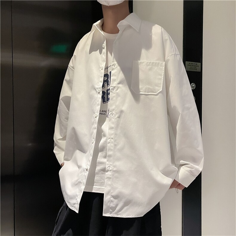 复古简约白色长袖衬衫街头宽松情侣休闲衬衣C208P45，男装衬衫，电商D325