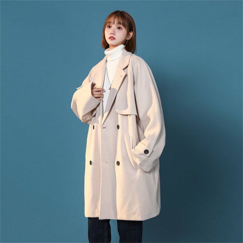 N6156/P100中性风双排扣毛呢中长款呢大衣男女呢料风衣宽松长外套，女装毛呢外套，电商A141