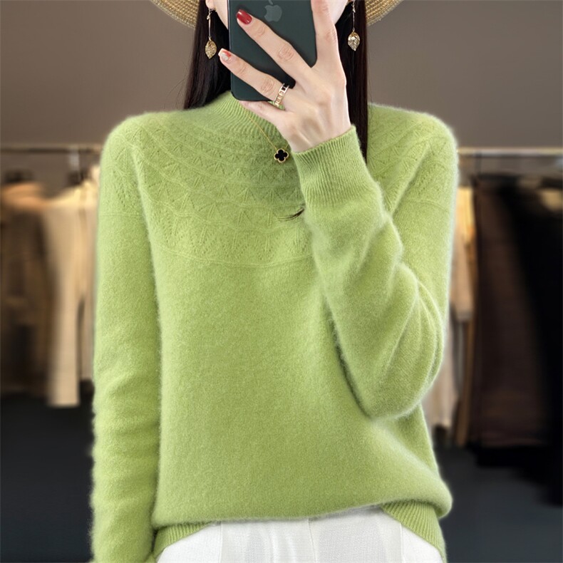 23新款秋冬加厚半高领打底衫女重工宽松提花毛衣女羊毛针织衫上衣,针织衫/毛衣,大美人包芯纱店