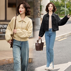 气质翻领短款外套上衣百搭气质开衫复古夹克上衣女，女装皮衣，跑量工厂店