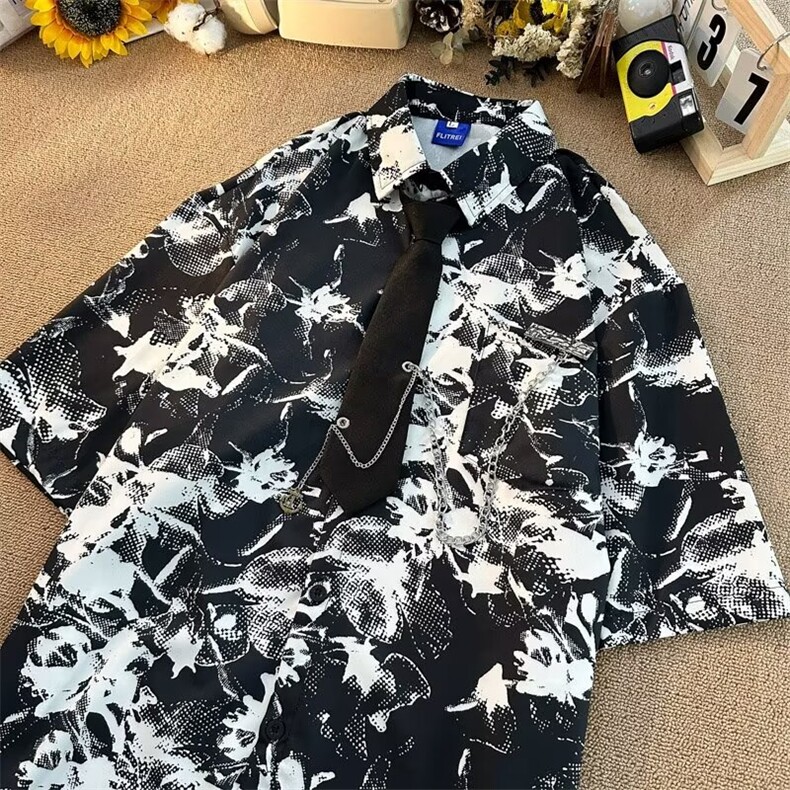 领带水墨扎染短袖衬衫男款夏季新中式复古dk外套设计感小众花衬衣,男装T恤,星座601-2