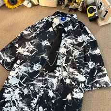 领带水墨扎染短袖衬衫男款夏季新中式复古dk外套设计感小众花衬衣，男装T恤，星座601-2