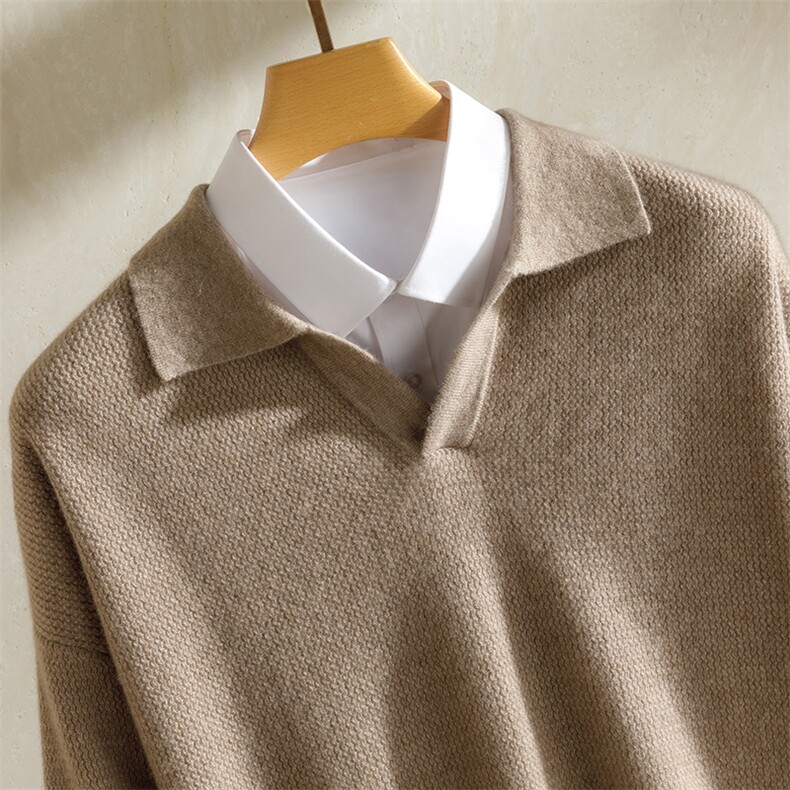 海鸥领纯山羊绒衫男士宽松翻领打底衫秋季新款坑条纹针织衫男装，男装羊绒套衫，澳坤羊绒