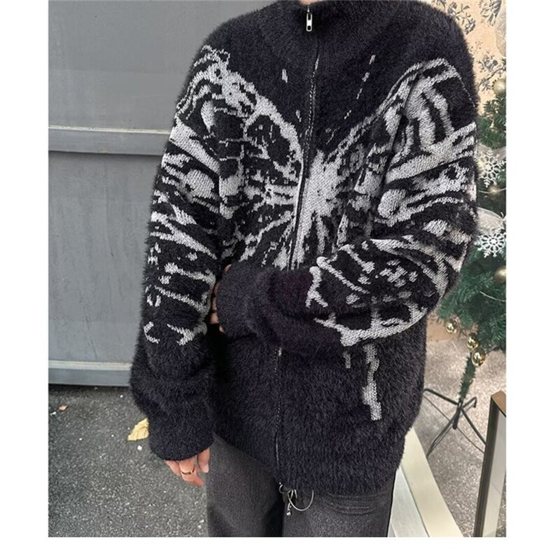 秋冬款美式复古蝴蝶提花立领开衫毛衣男潮牌小众慵懒宽松针织外套图片