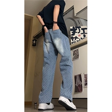 提花牛仔裤男夏季小众设计裤子高个子加长美式工装阔腿裤NZG919，男装牛仔裤，星座516A