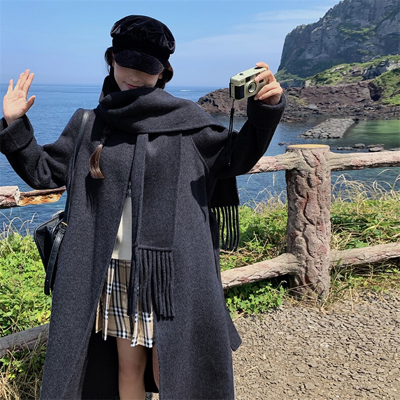 现货手工缝制70羊毛双面呢大衣配围巾210-651-P270-K398,女装双面呢大衣,韩蜜菓