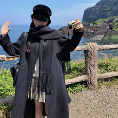 现货手工缝制70羊毛双面呢大衣配围巾210-651-P270-K398，女装双面呢大衣，韩蜜菓