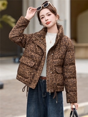 豹纹羽绒服女2025秋冬新款短款小个子韩版显瘦超好看立领加厚外套，女装羽绒服，蓝朵琳