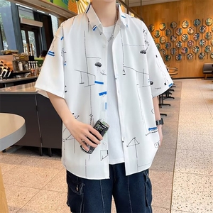 弹力布夏季男士印花短袖衬衫个性五分袖衬衣外套图片