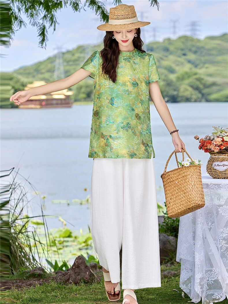 新中式印花盘扣上衣+阔腿裤两件套,女装套装/套裙,鑫鑫美
