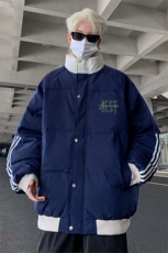 条纹撞色立领棉衣男2024冬季新款美式潮牌棉袄外套宽松情侣面包服，男装棉衣，电商B220