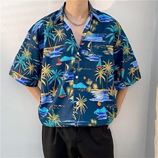 夏威夷碎花短袖衬衫男夏季薄款宽松休闲沙滩度假风情侣装半袖上衣，男装衬衫，星座410-7