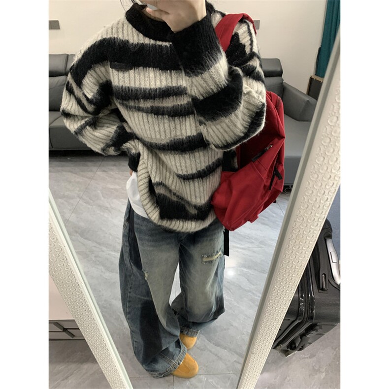 马海毛条纹美式复古毛衣男潮牌秋冬慵懒oversize针织衫M6011,男装针织衫/毛衣,星座1116A（原606A-3）