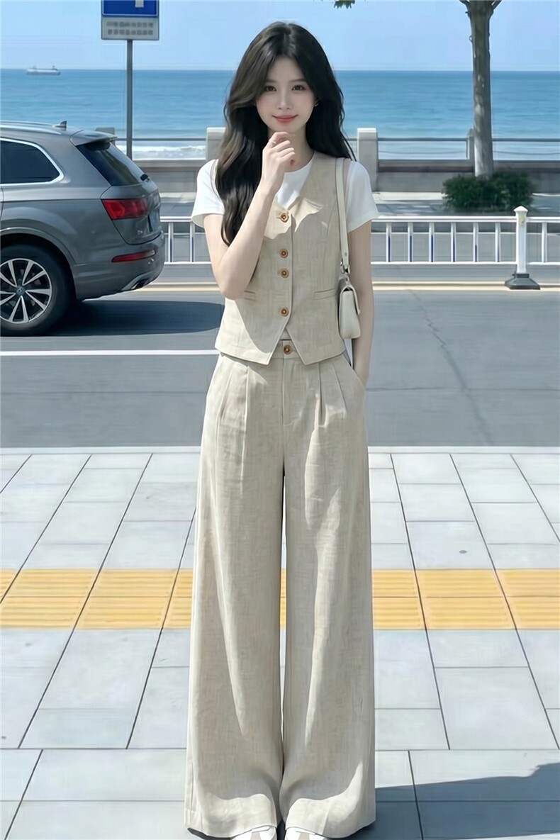 韩版休闲运动套装女款圆领纽扣马甲上衣内搭白色T恤阔腿裤三件套,女装套装/套裙,江南