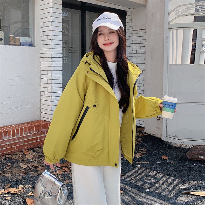 黄色冲锋衣式派克服女冬季2025新款美式工装棉服爆款加厚流行棉衣,女装短外套,2C129