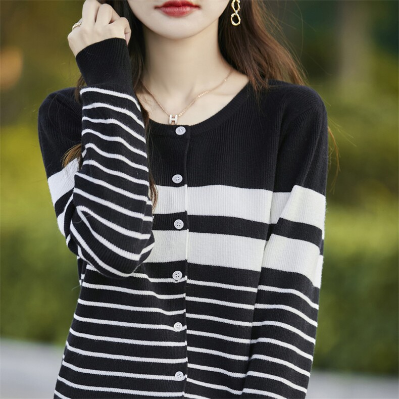 2025秋冬慵懒风针织毛衣开衫女时尚洋气拼色条纹百搭外套长袖上衣,针织衫/毛衣,暖姿羊绒