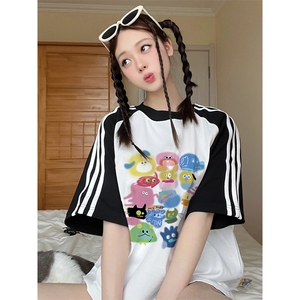 夏季美式高街重磅纯棉三条杠织带插肩撞色男女短袖T恤CZ126-特P25图片