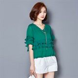 时尚夏季简约纯色V领短袖荷叶边套头雪纺衫，女装蕾丝衫/雪纺衫，安之芮娜