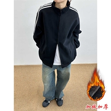 美式复古加绒加厚条纹卫衣男款立领外套潮牌高级感痞帅开衫夹克，男装夹克，星座1210-1