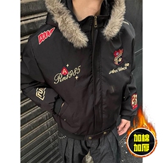 现货高品质美式高街重磅刺绣座山雕大毛毛领棉衣男女加厚棉服外套，男装棉衣，电商A443