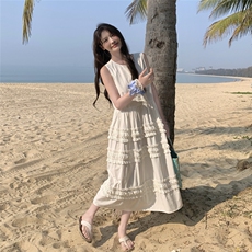 法式复古气质无袖连衣裙女2025夏季新款宽松显瘦中长款背心裙子，女装连衣裙，2C050