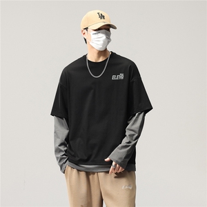 长袖t恤男春秋美式高街潮牌圆领春季宽松假两件卫衣8083-P46控89图片