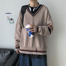 秋冬港风加厚针织衫V领长袖毛衣DK宽松制服男女学生慵懒风W08/P65图片