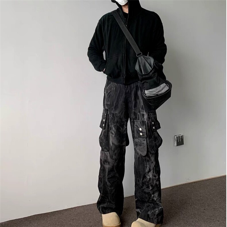美式工装牛仔裤男秋季设计感口袋扎染渐变直筒裤cleanfit,男装牛仔裤,星座218-1（原230）