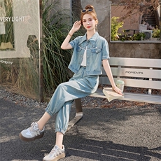 夏季时尚牛仔套装女2025年新款休闲穿搭欧货时髦洋气九分裤两件套，女装套装/套裙，意芙