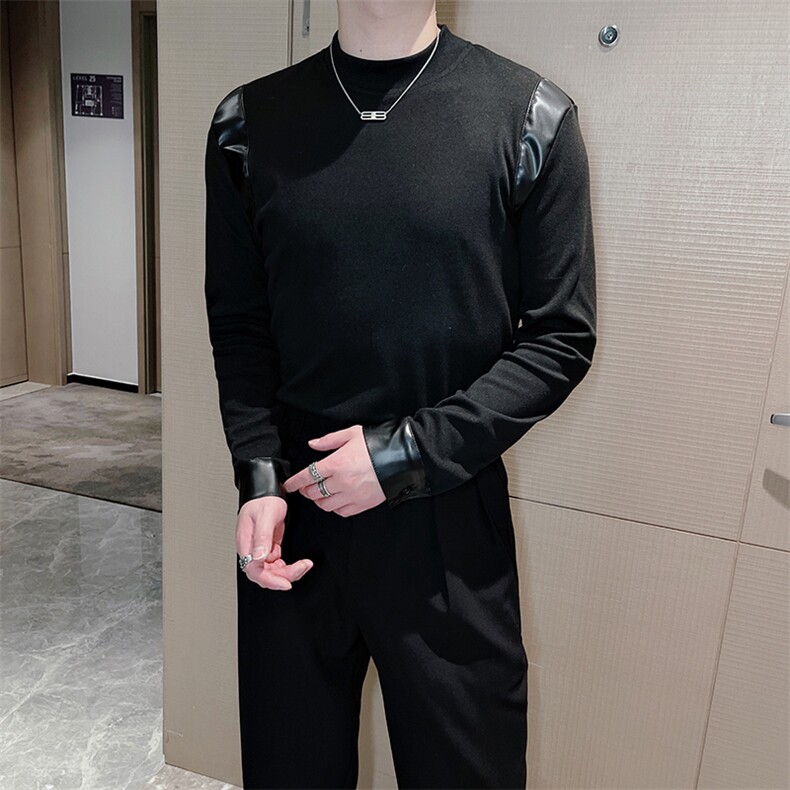 新款韩版修身男士立领拼接拼皮长袖T恤时尚打底衫潮流TX1215-P50,男装T恤,电商B267