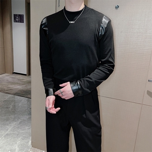 新款韩版修身男士立领拼接拼皮长袖T恤时尚打底衫潮流TX1215-P50图片
