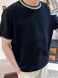 夏季薄款冰丝短袖针织衫圆领拼色T恤男轻熟 N6720-P50图片