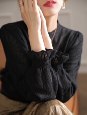 优雅蕾丝镂空圆领长袖针织衫百搭显瘦温柔风打底衫，女装针织衫/毛衣，圣旺供货