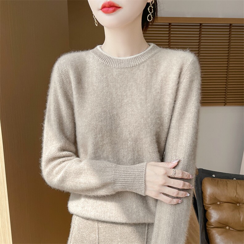 秋冬季羊毛纯色圆领宽松休闲优雅羊毛衫，女装羊毛衫，秋双羊绒