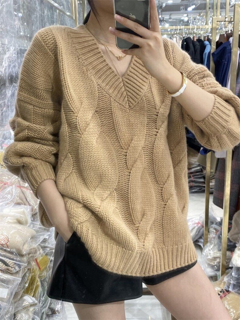 女士秋季新款简约百搭重磅V领泡泡袖套头衫,针织衫/毛衣,悦玛羊绒