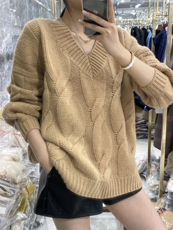 女士秋季新款简约百搭重磅V领泡泡袖套头衫，女装针织衫/毛衣，悦玛羊绒