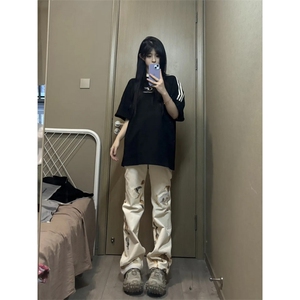 【有货】火焰蕾丝微喇白色牛仔裤男女款美式复古裤子B07WW-特P50图片